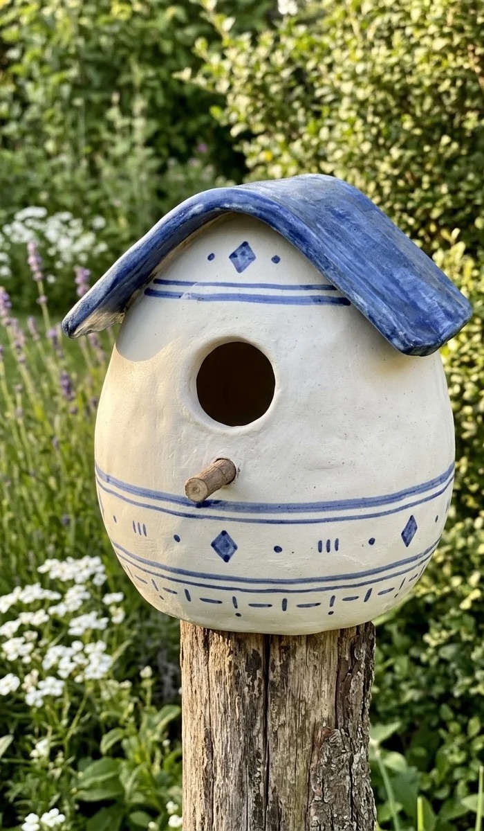 Blue and White Clay Bird House Ideas