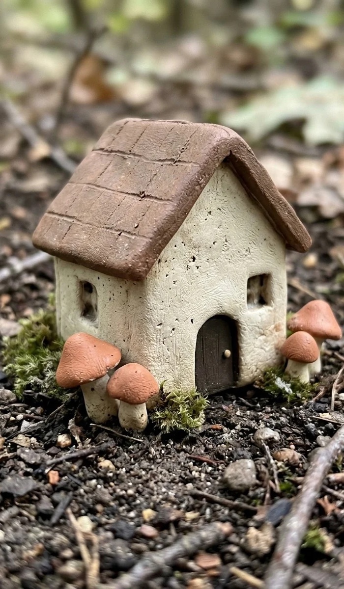 Clay Fairy Cottage with Mini Mushrooms