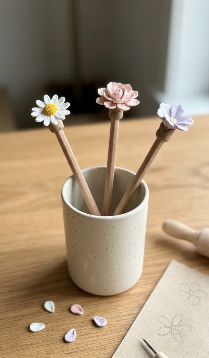 Cute Clay Flower Pencil Topper Crafts