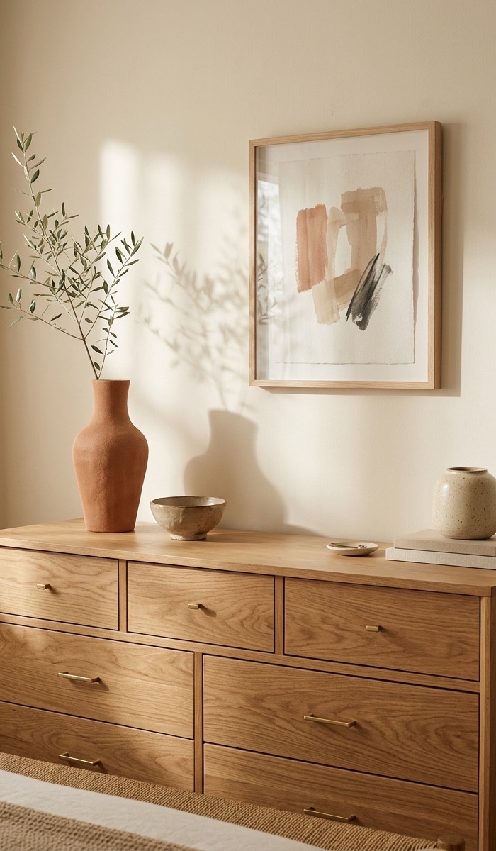 Elegant Bedroom Dresser with Handmade Clay Decor