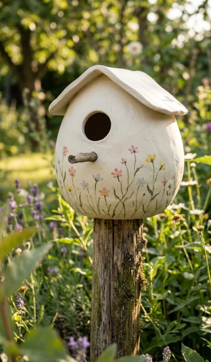 Floral Painted Clay Bird House Ideas