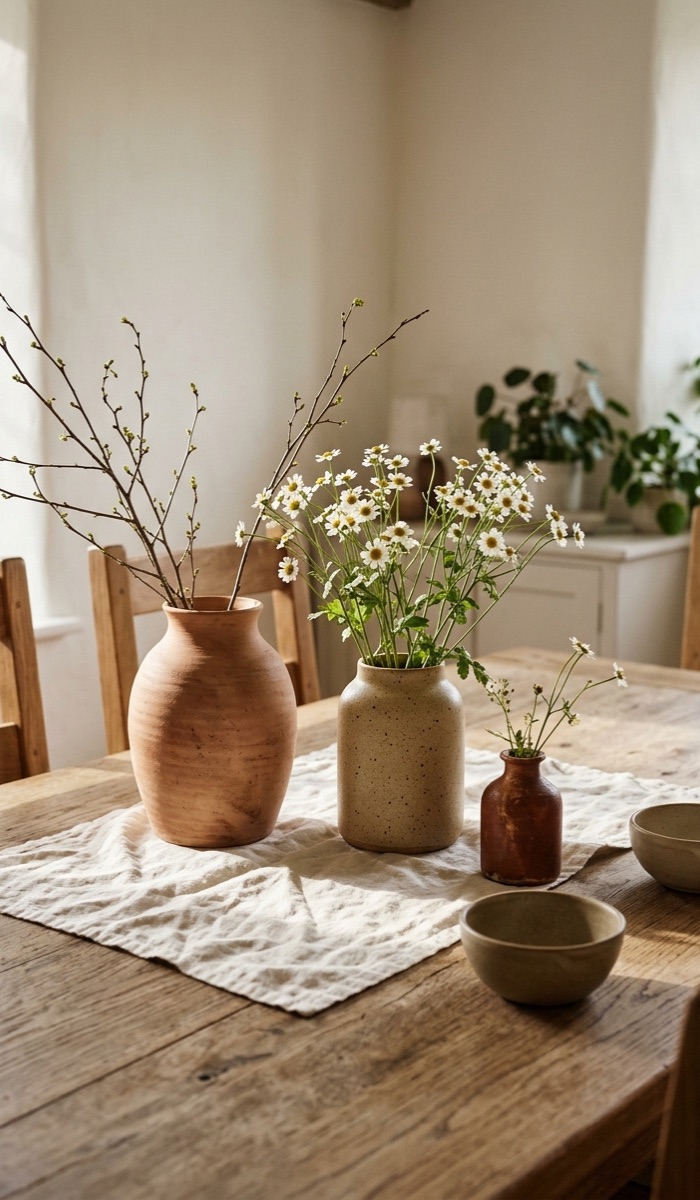Fresh Flowers and Charming Handmade Clay Vases