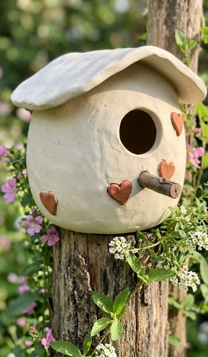 Heart-Detail Clay Bird House Design