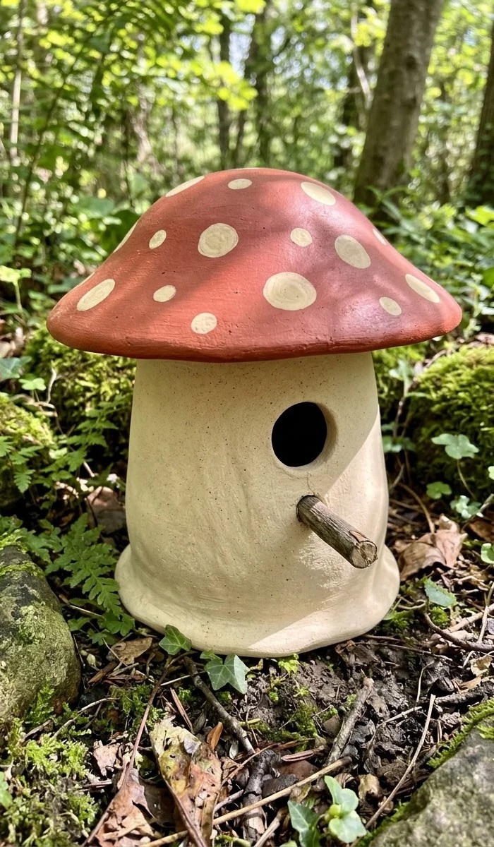 Mushroom-Inspired Clay Bird House Design