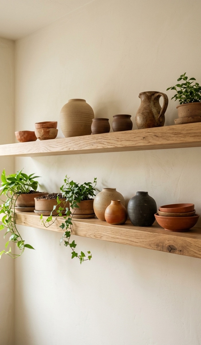 Open Shelves with Charming Clay Pottery