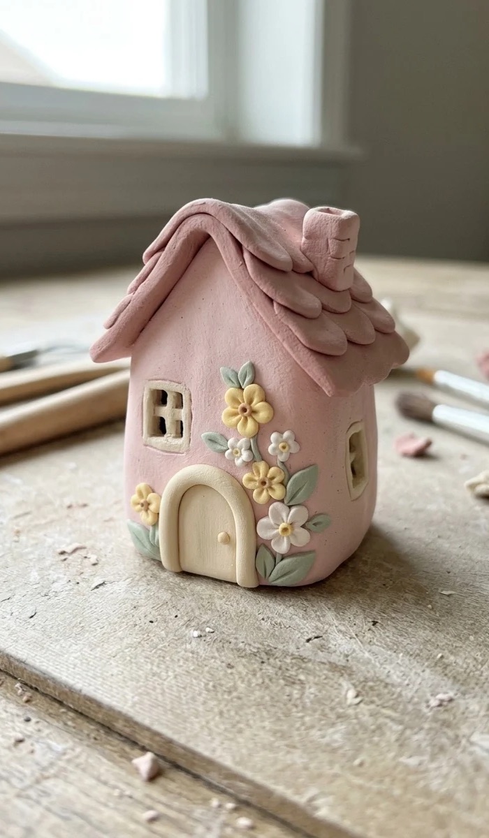 Pastel Pink Clay Fairy Cottage DIY